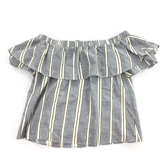 Everly Off The Shoulder Ruffle Striped Top Size Small Blue Gray White Blouse S - Picture 2 of 6